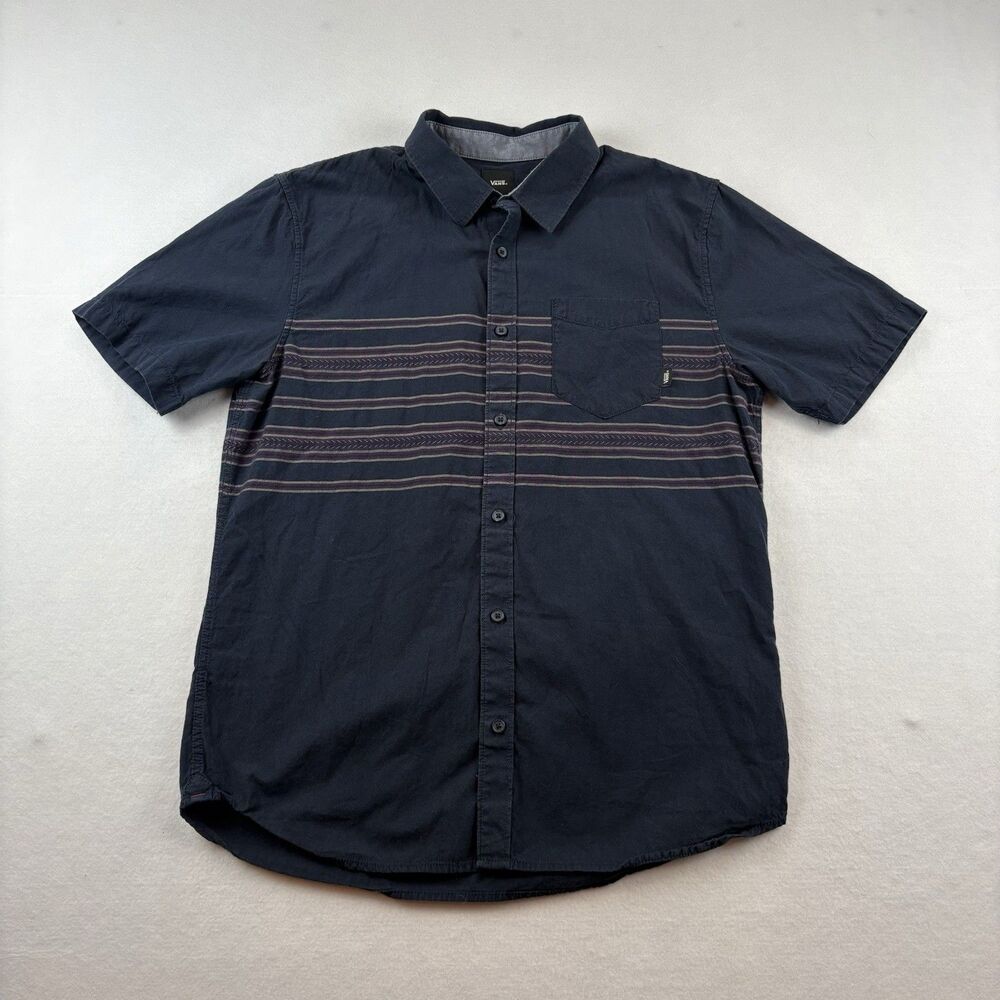 Vans Off The Wall Button Up Shirt Mens L Tailored Fit Navy Blue Surf Skate